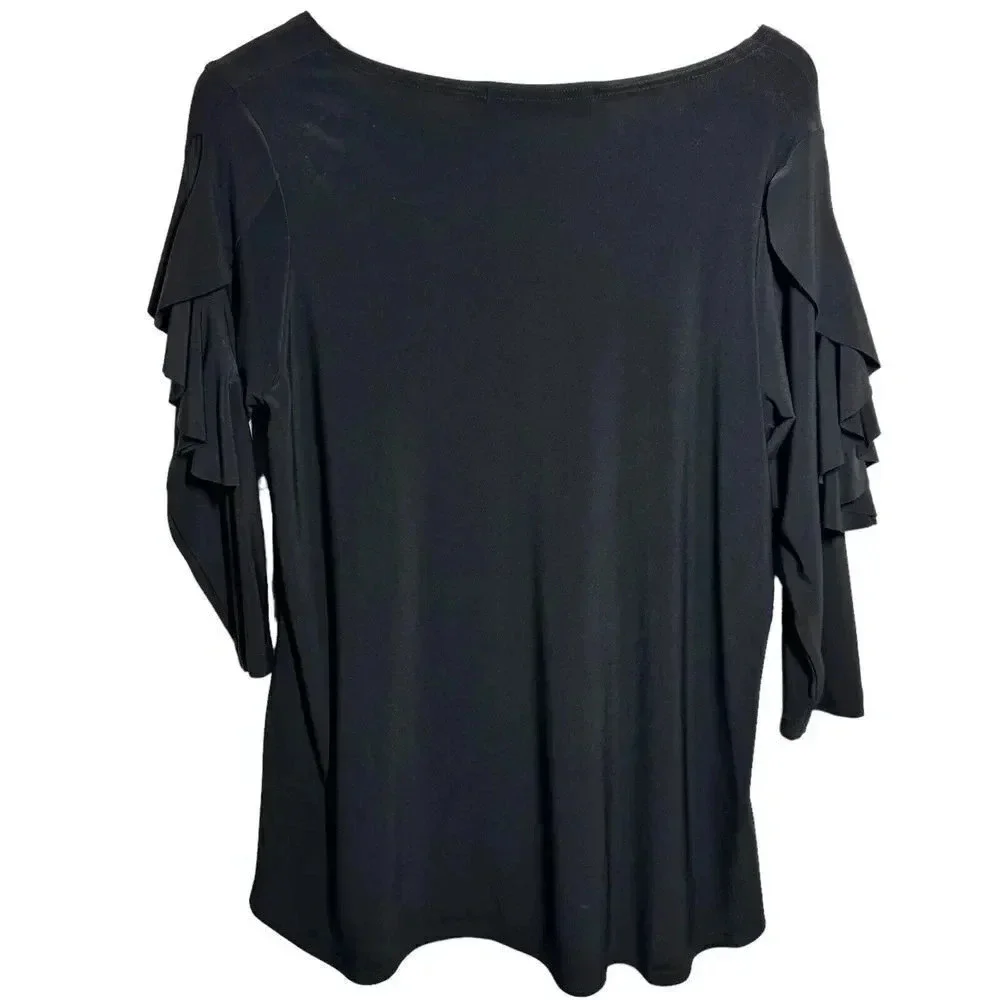 Sympli size 12 Black stretch jersey knit top ruffle sleeves scoop neck